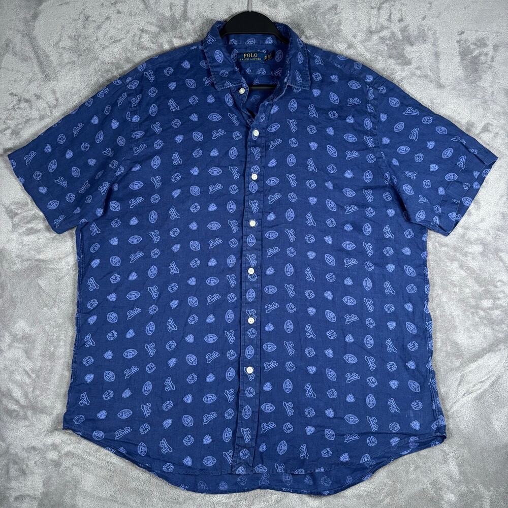 Polo Ralph Lauren XL 100% Linen Football Bulldog Crest Print Shirt Blue